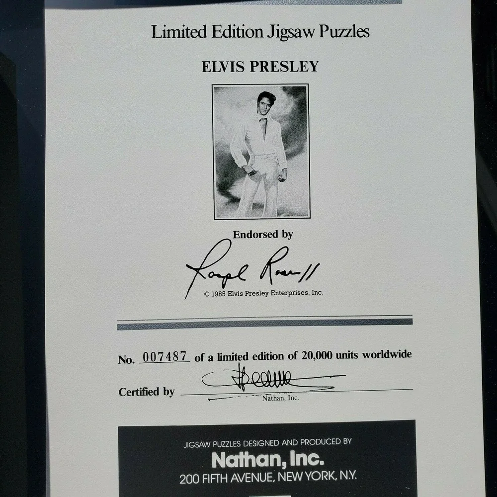 Vtg 1985 Elvis Presley 1000 Piece Jigsaw Puzzle by Nathan Numbered Certificate